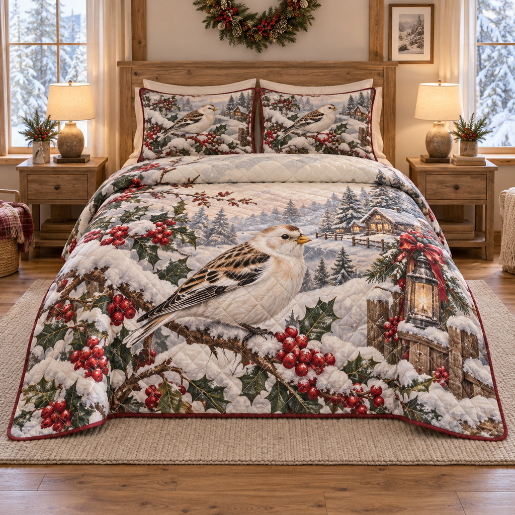 Winter Snow Bunting Christmas 3-Piece Quilted Bedding Set — digital product visualization