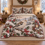 Winter Snow Bunting Christmas 3-Piece Quilted Bedding Set — digital product visualization