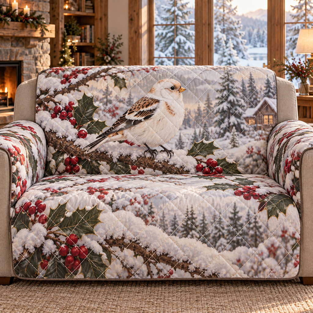 Winter Snow Bunting Christmas Quilted Sofa Cover — digital product visualization