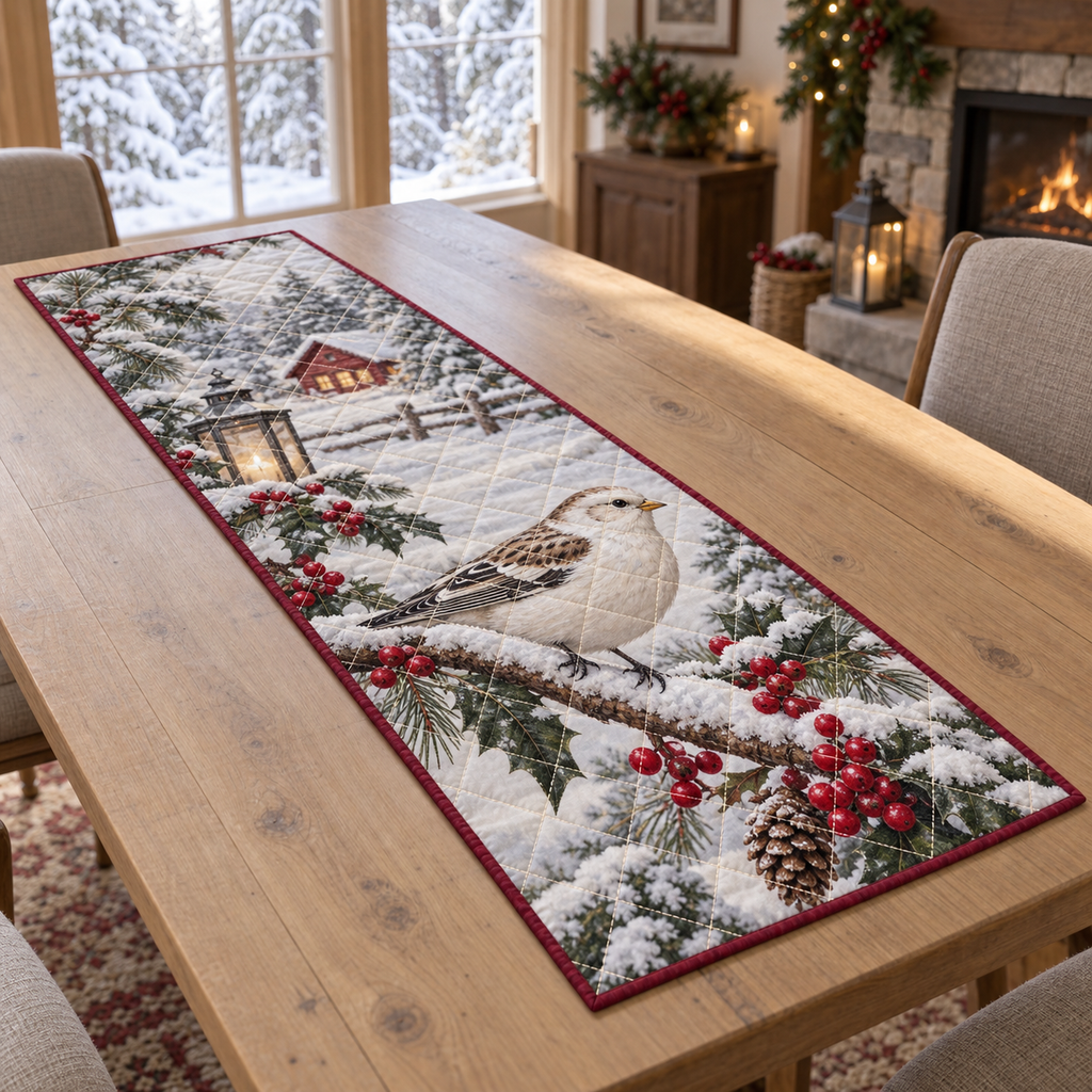 Winter Snow Bunting Christmas Quilted Table Runner — digital product visualization