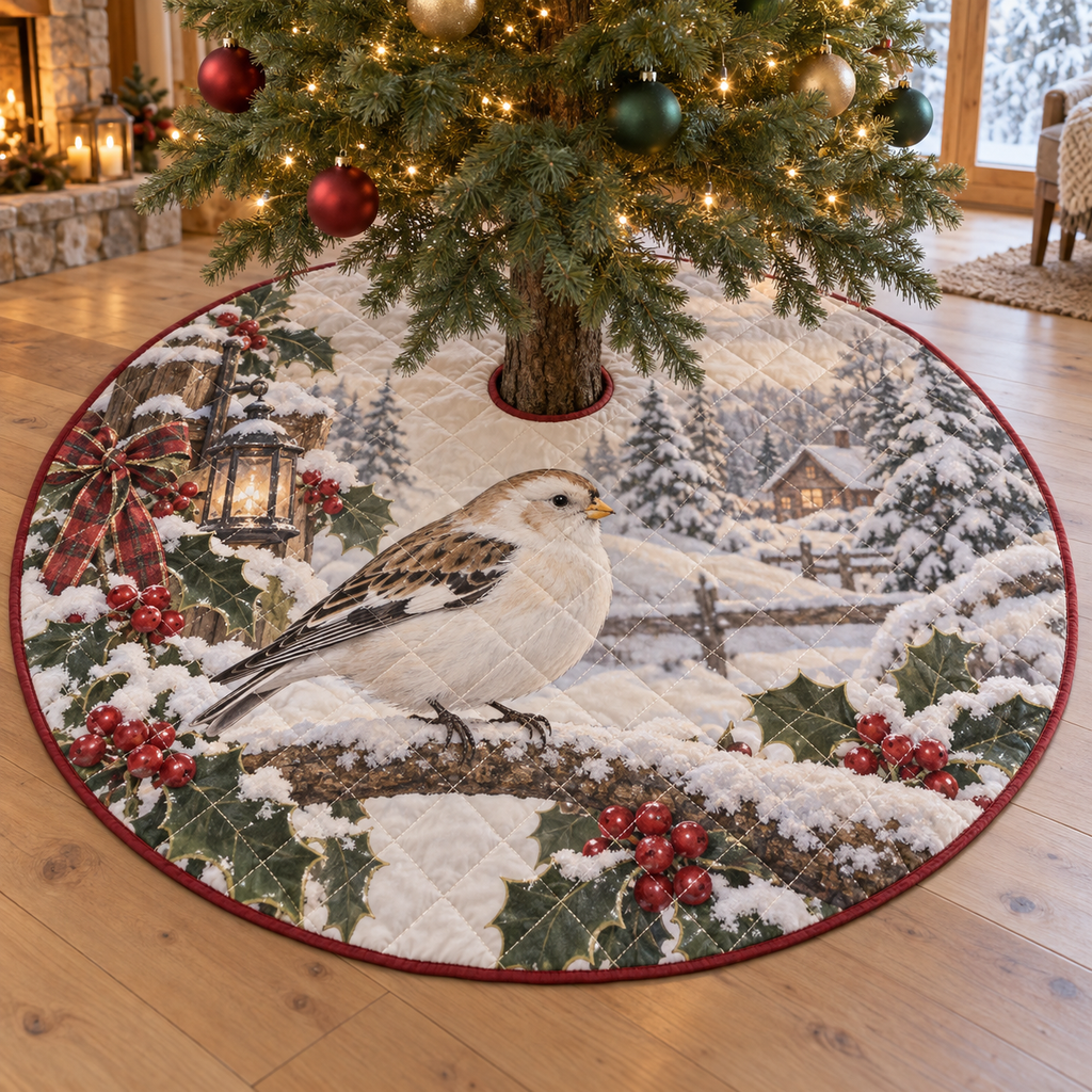 Winter Snow Bunting Quilted Christmas Tree Skirt — digital product visualization