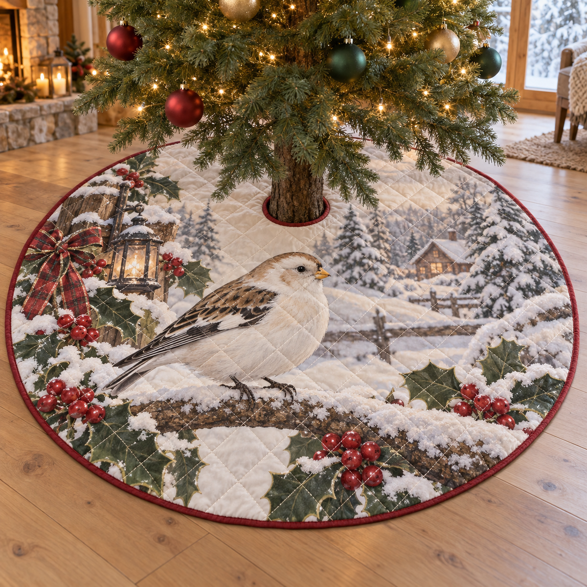 Winter Snow Bunting Quilted Christmas Tree Skirt — digital product visualization