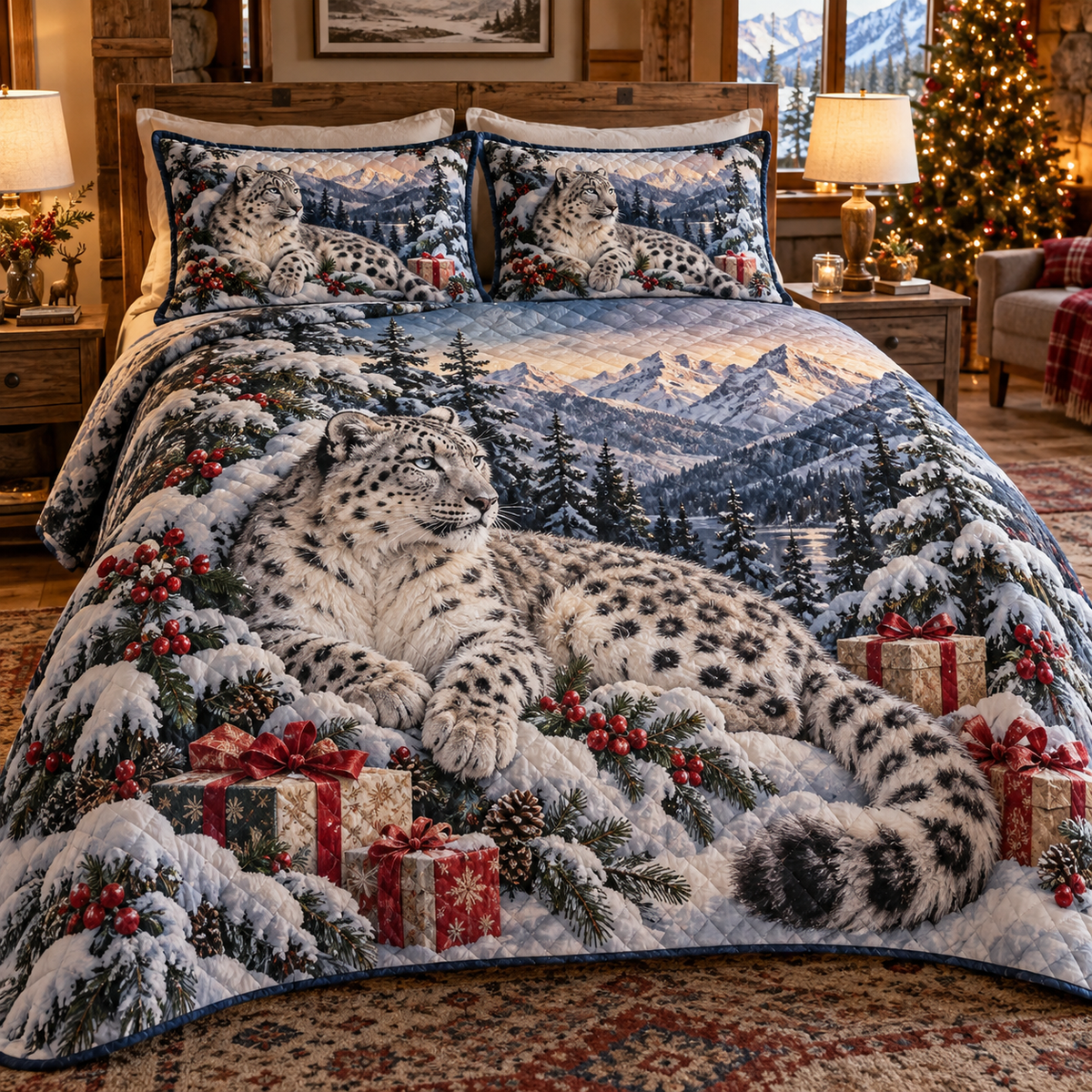 Winter Snow Leopard Christmas 3-Piece Quilted Bedding Set — digital product visualization