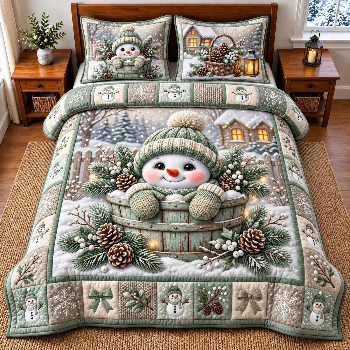 Winter Snowman quilted 3-piece bedding set on a made bed in a winter-styled bedroom