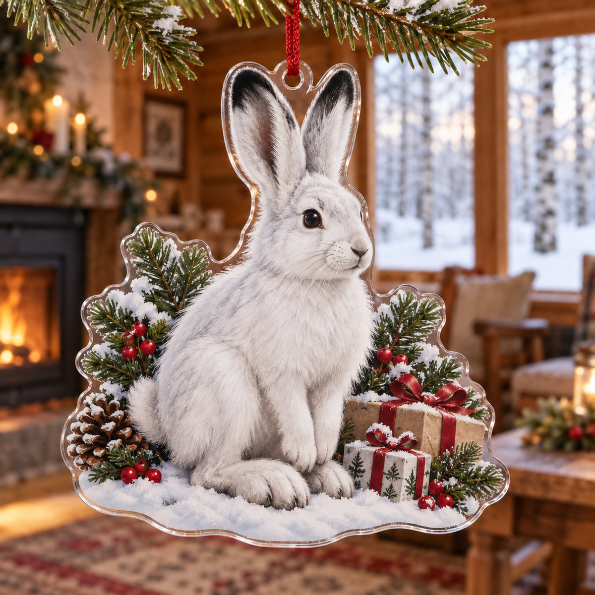 Winter Snowshoe Hare Acrylic Christmas Ornament — digital product visualization