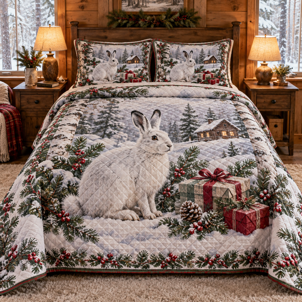 Winter Snowshoe Hare Christmas 3-Piece Quilted Bedding Set — digital product visualization