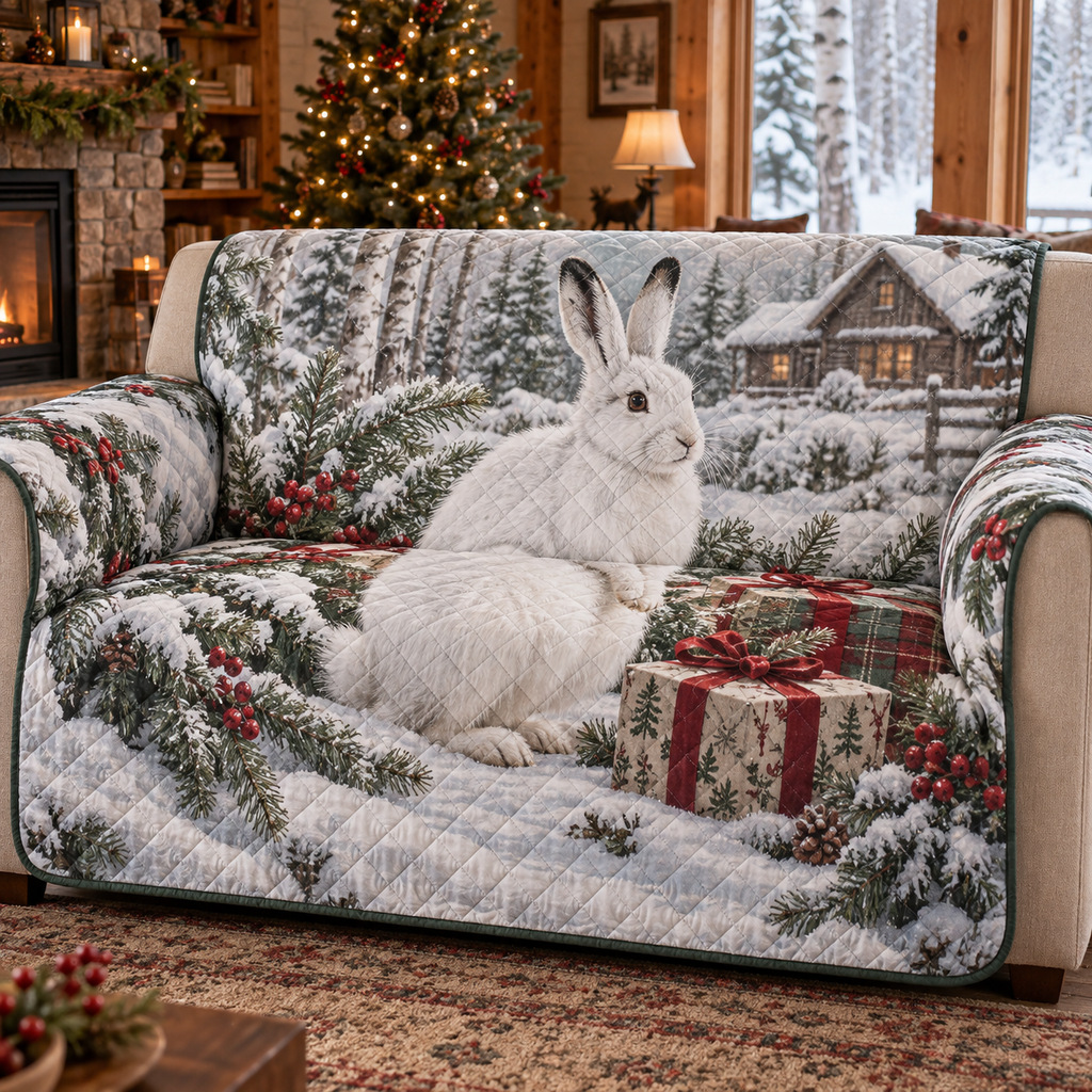 Winter Snowshoe Hare Christmas Quilted Sofa Cover — digital product visualization