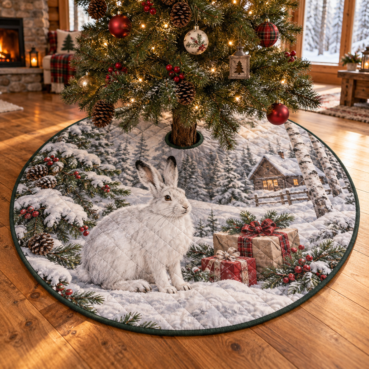 Winter Snowshoe Hare Quilted Christmas Tree Skirt — digital product visualization