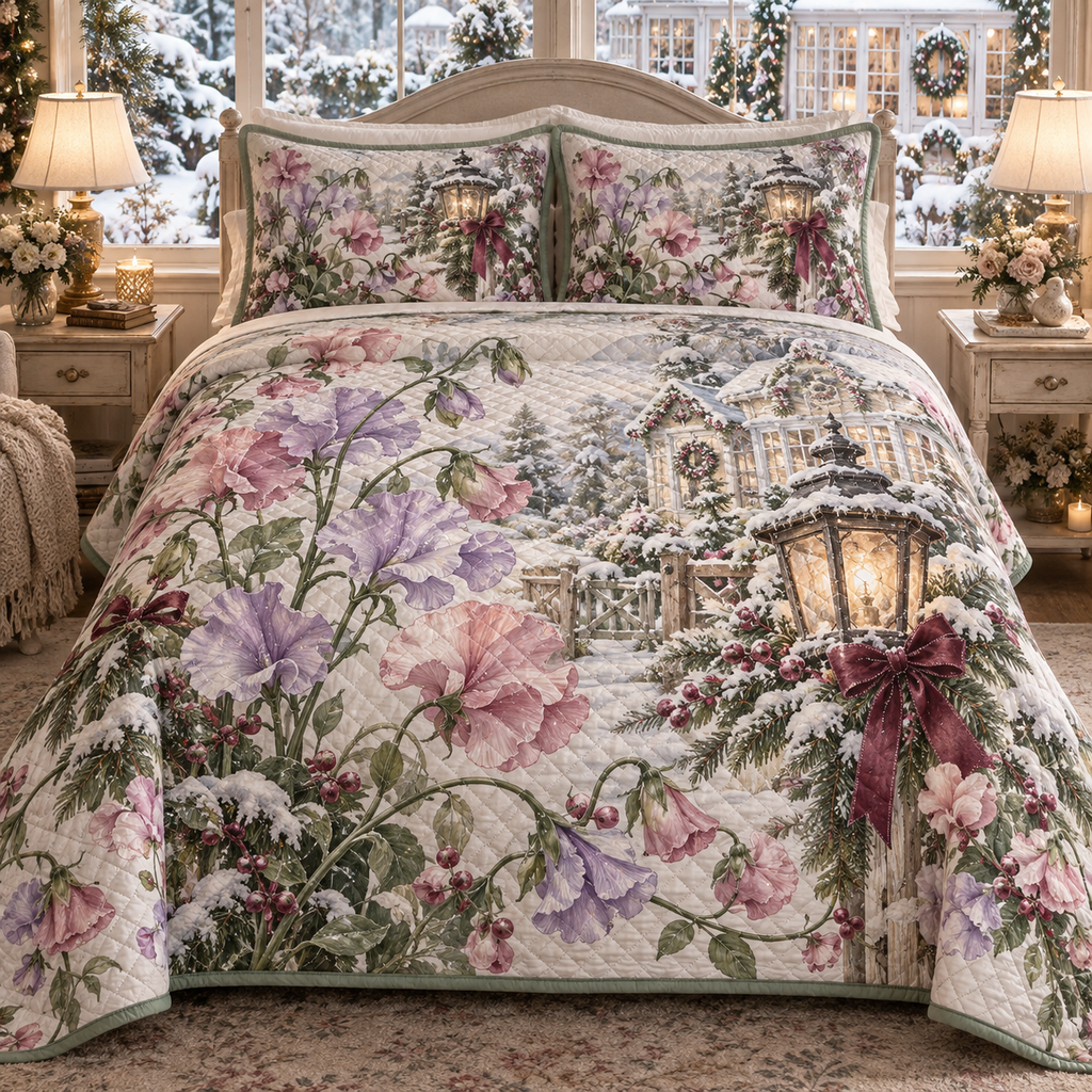 Winter Sweet Pea Christmas 3-Piece Quilted Bedding Set — digital product visualization