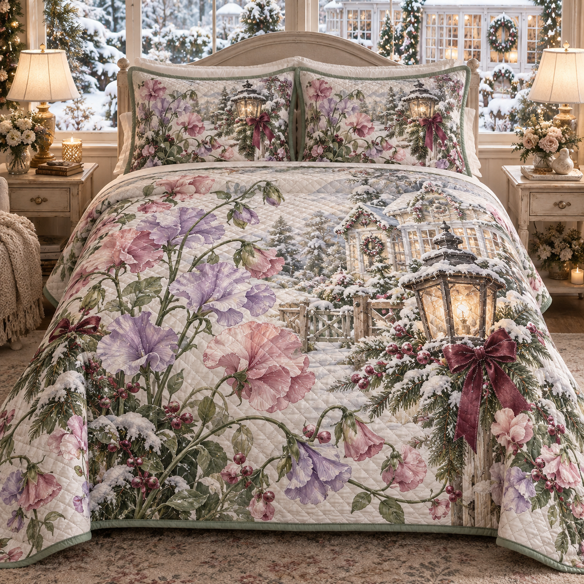 Winter Sweet Pea Christmas 3-Piece Quilted Bedding Set — digital product visualization