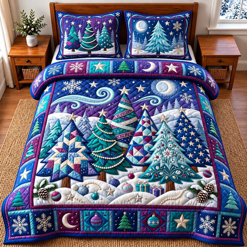 Winter Tree quilted 3-piece bedding set on a made bed in a winter-styled bedroom