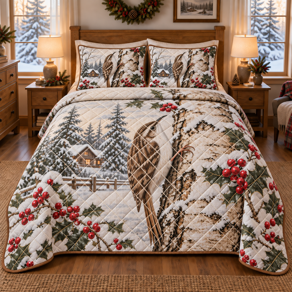 Winter Treecreeper Christmas 3-Piece Quilted Bedding Set — digital product visualization