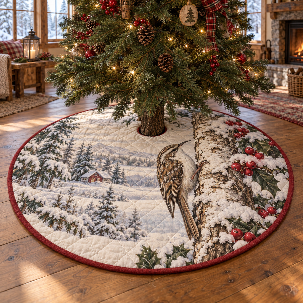 Winter Treecreeper Quilted Christmas Tree Skirt — digital product visualization