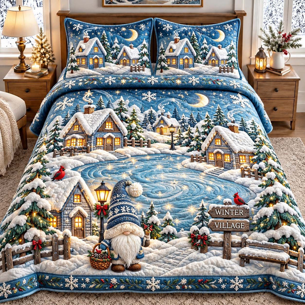 Winter Village Gnome quilted 3-piece bedding set on a made bed in a winter-styled bedroom