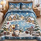 Winter Village Gnome quilted 3-piece bedding set on a made bed in a winter-styled bedroom
