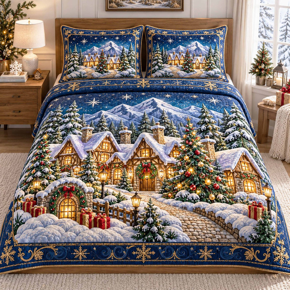 Winter Village Magic quilted 3-piece bedding set on a made bed in a winter-styled bedroom