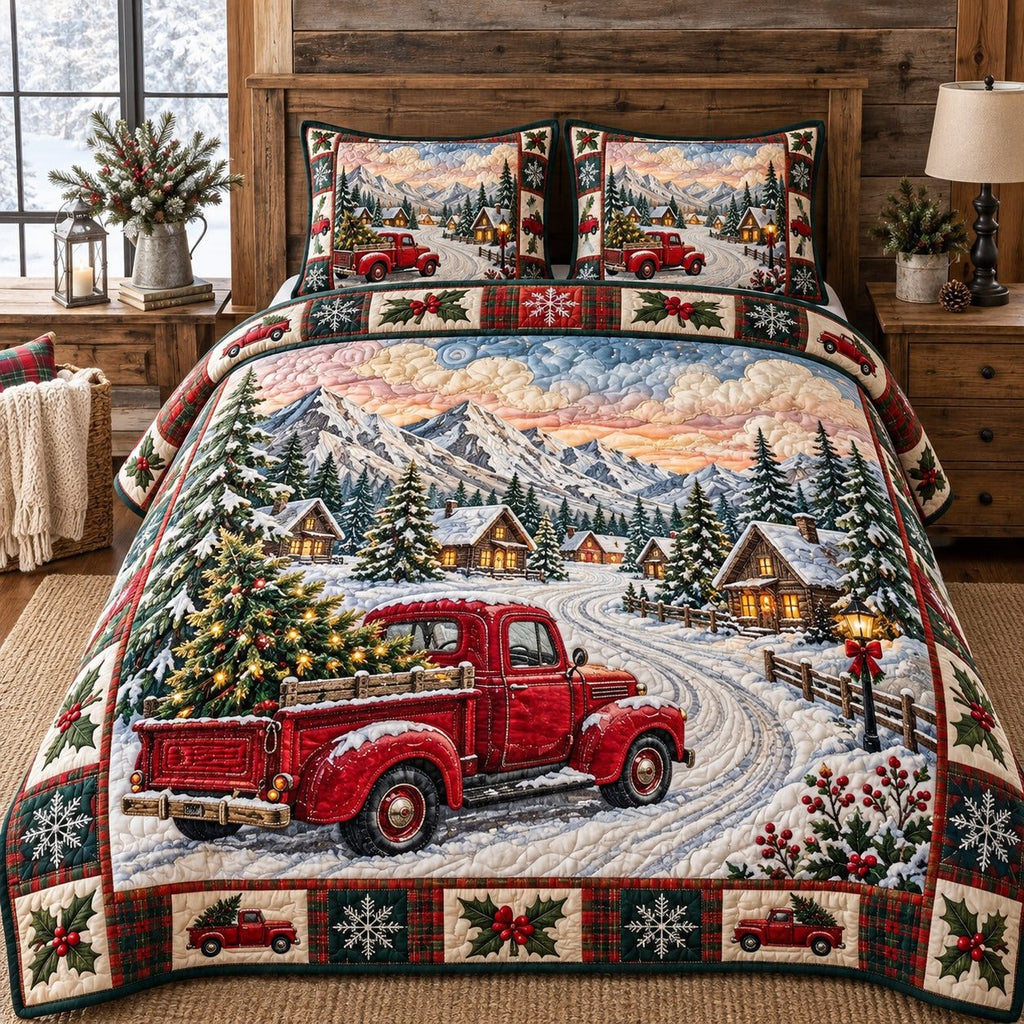 Winter Village Truck quilted 3-piece bedding set on a made bed in a winter-styled bedroom