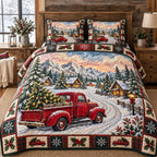 Winter Village Truck quilted 3-piece bedding set on a made bed in a winter-styled bedroom