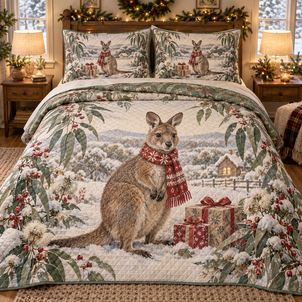 Winter Wallaby Christmas 3-Piece Quilted Bedding Set — digital product visualization