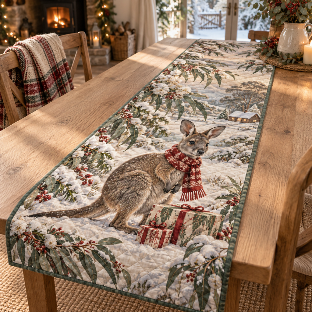 Winter Wallaby Christmas Quilted Table Runner — digital product visualization
