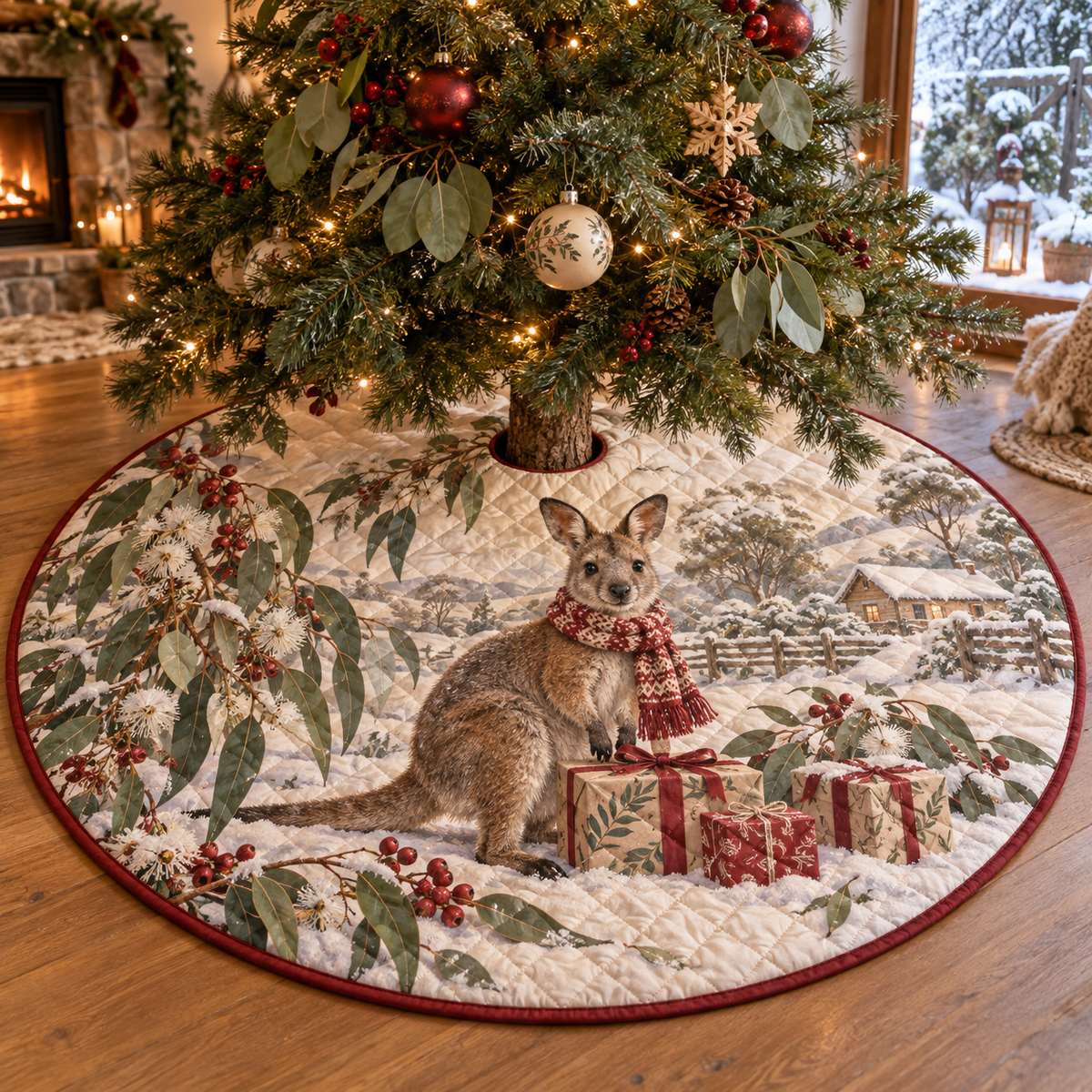 Winter Wallaby Quilted Christmas Tree Skirt — digital product visualization