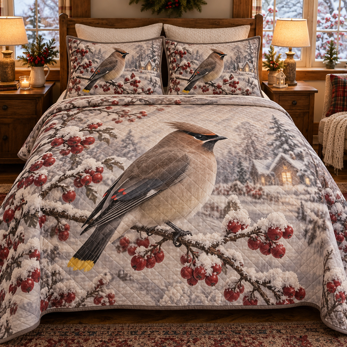 Winter Waxwing Christmas 3-Piece Quilted Bedding Set — digital product visualization