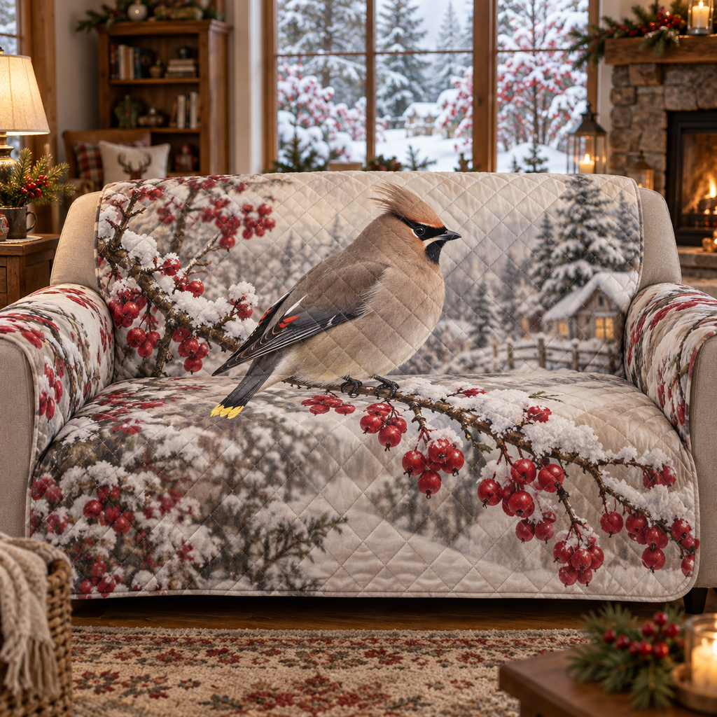 Winter Waxwing Christmas Quilted Sofa Cover — digital product visualization