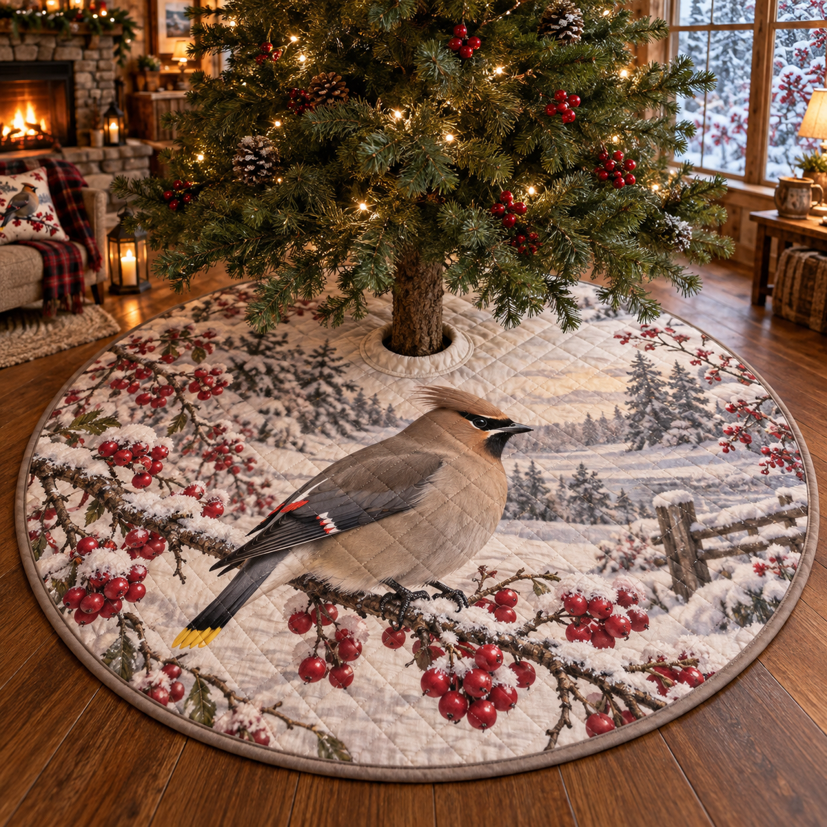 Winter Waxwing Quilted Christmas Tree Skirt — digital product visualization