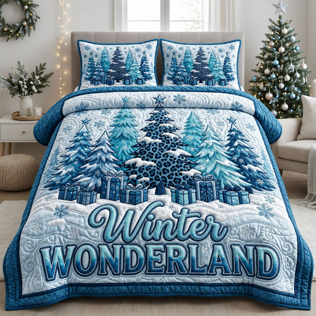 Winter Wonderland Blue quilted 3-piece bedding set on a made bed in a winter-styled bedroom