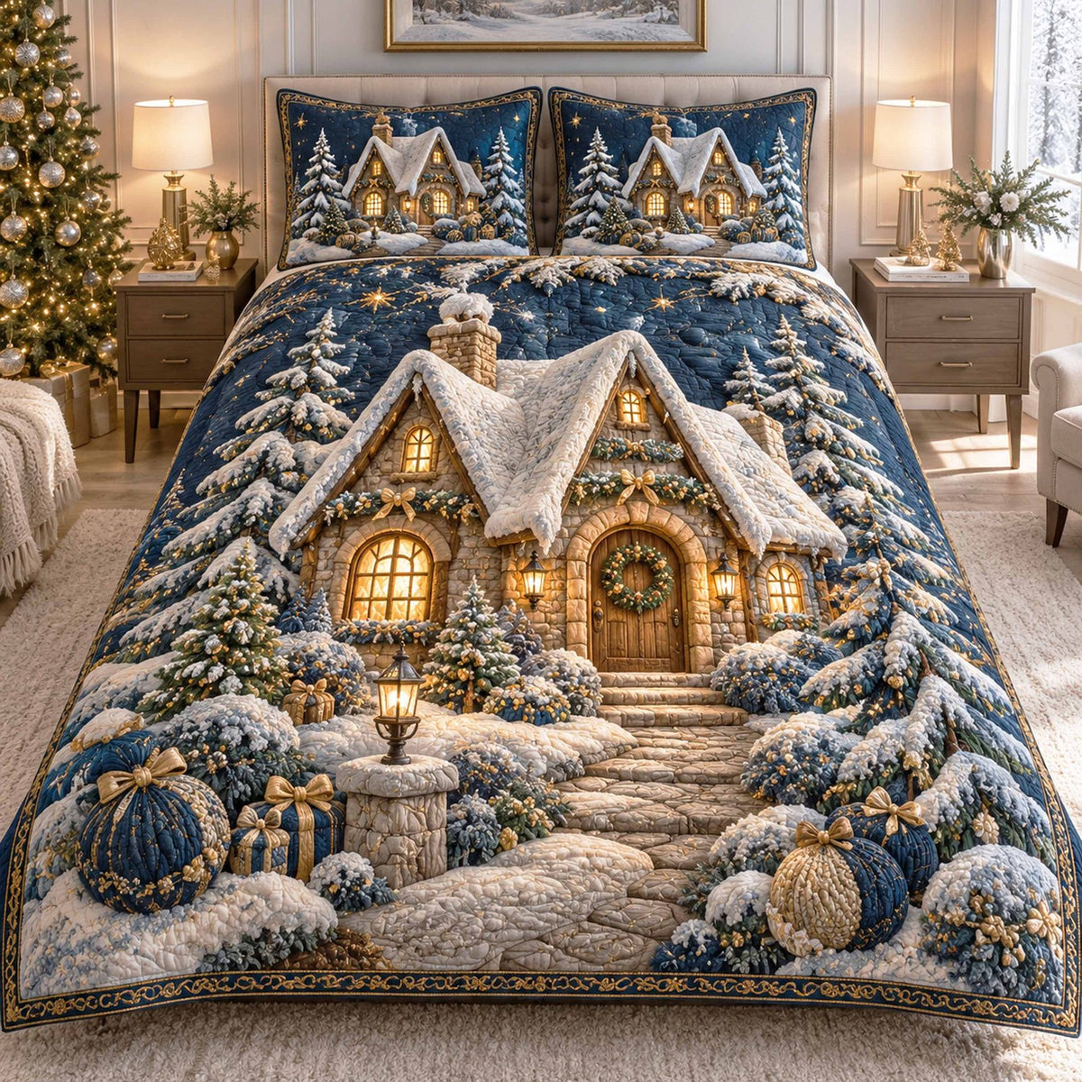 Winter Wonderland quilted 3-piece bedding set on a made bed in a winter-styled bedroom
