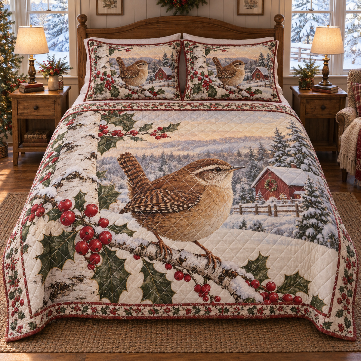 Winter Wren Christmas 3-Piece Quilted Bedding Set — digital product visualization