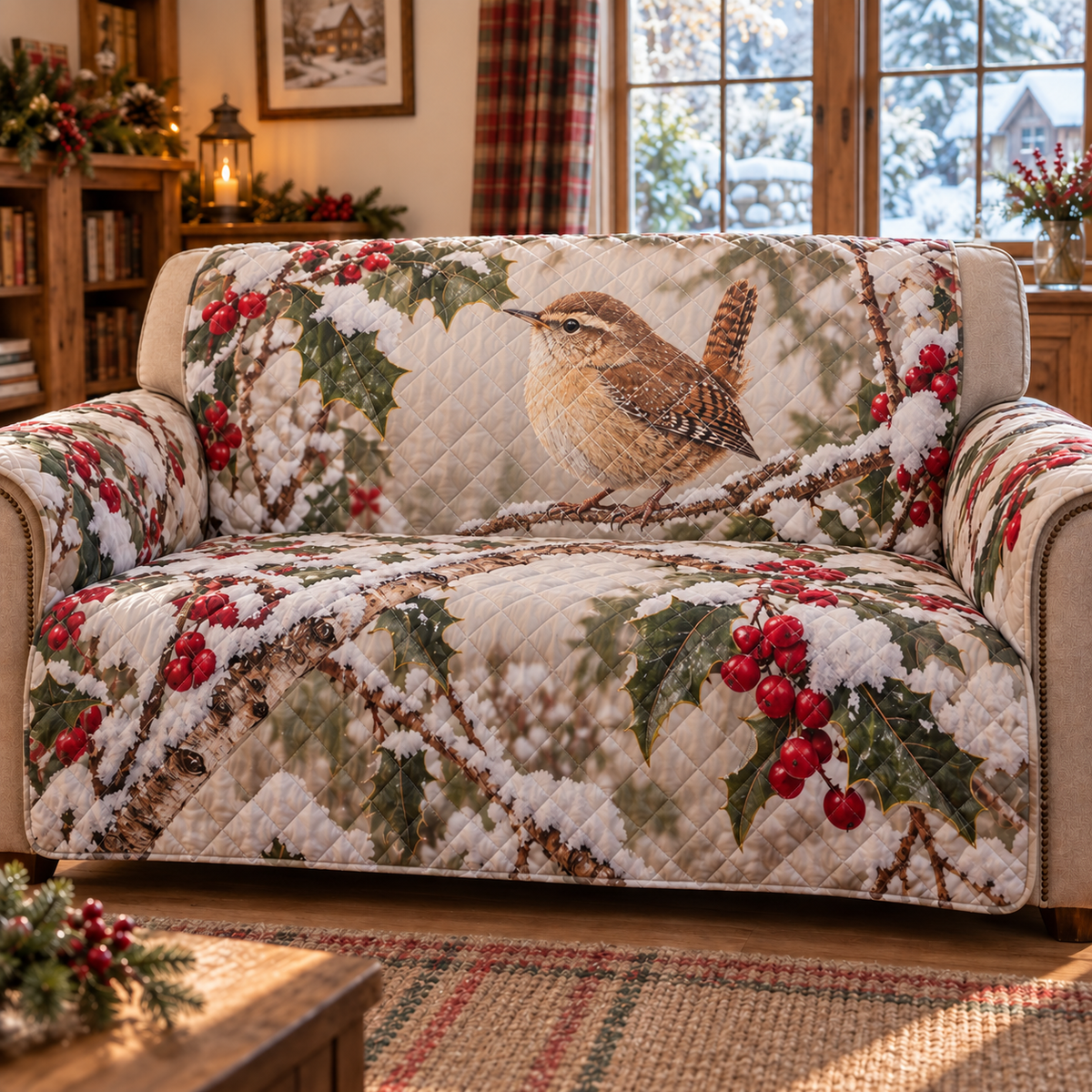 Winter Wren Christmas Quilted Sofa Cover — digital product visualization