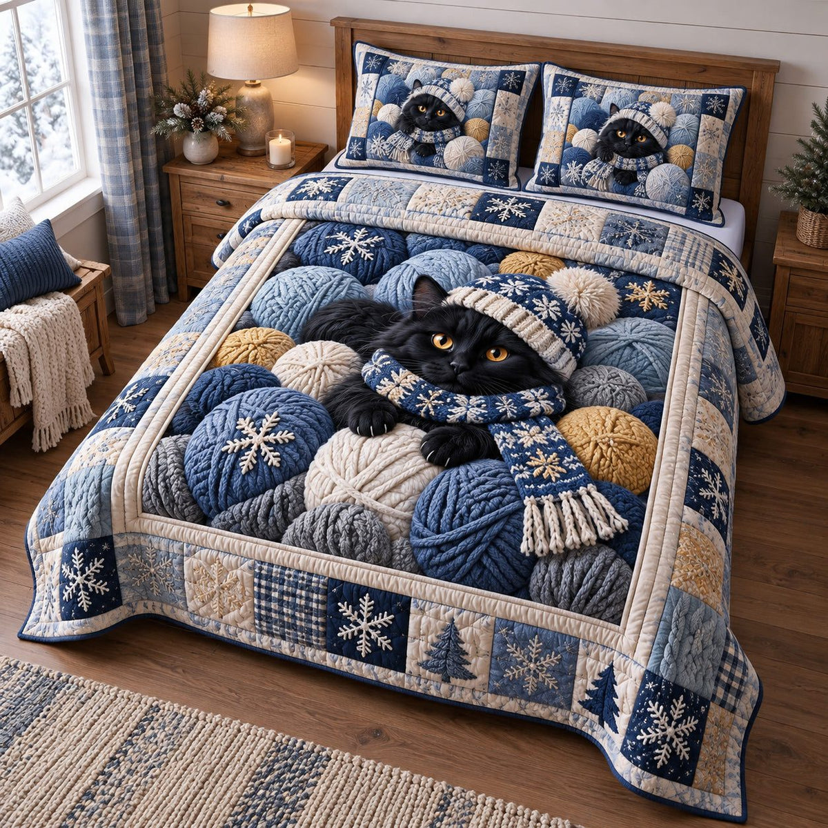 Winter Yarn Cat quilted 3-piece bedding set on a made bed in a winter-styled bedroom