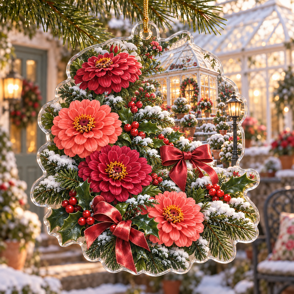 Winter Zinnia Acrylic Christmas Ornament — digital product visualization