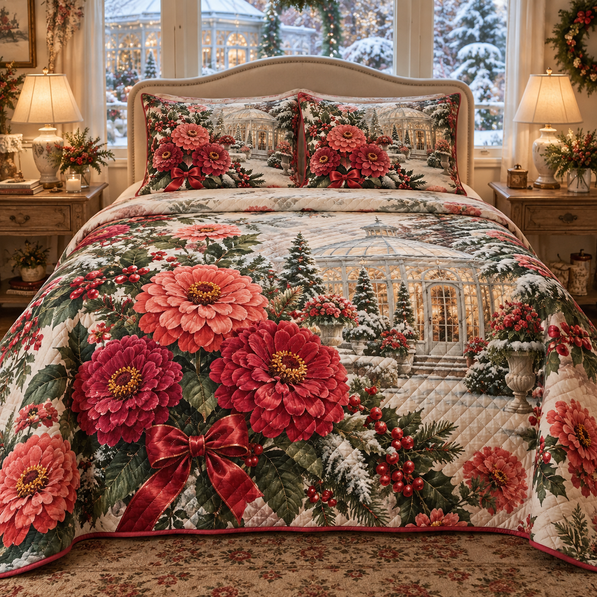 Winter Zinnia Christmas 3-Piece Quilted Bedding Set — digital product visualization