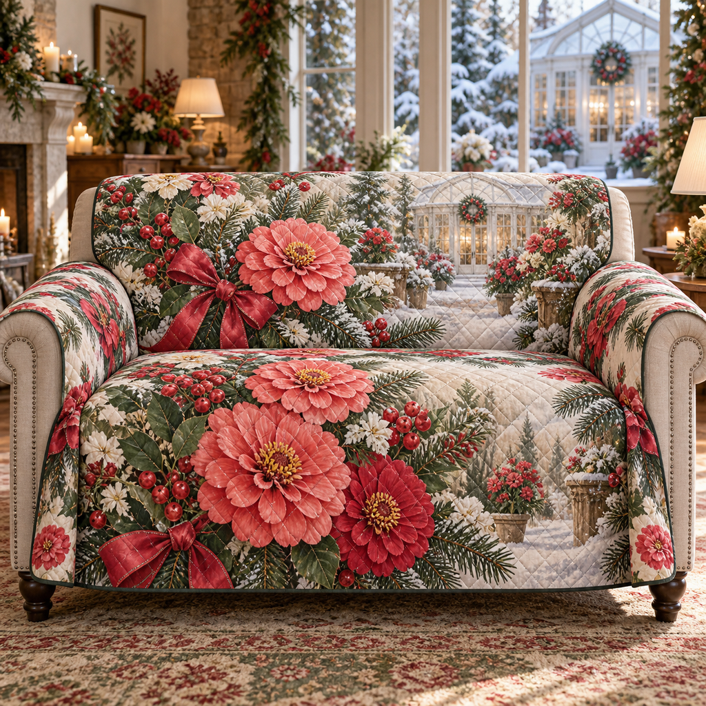 Winter Zinnia Christmas Quilted Sofa Cover — digital product visualization