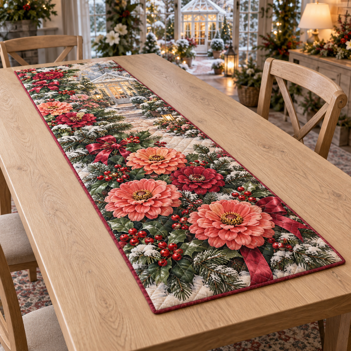 Winter Zinnia Christmas Quilted Table Runner — digital product visualization