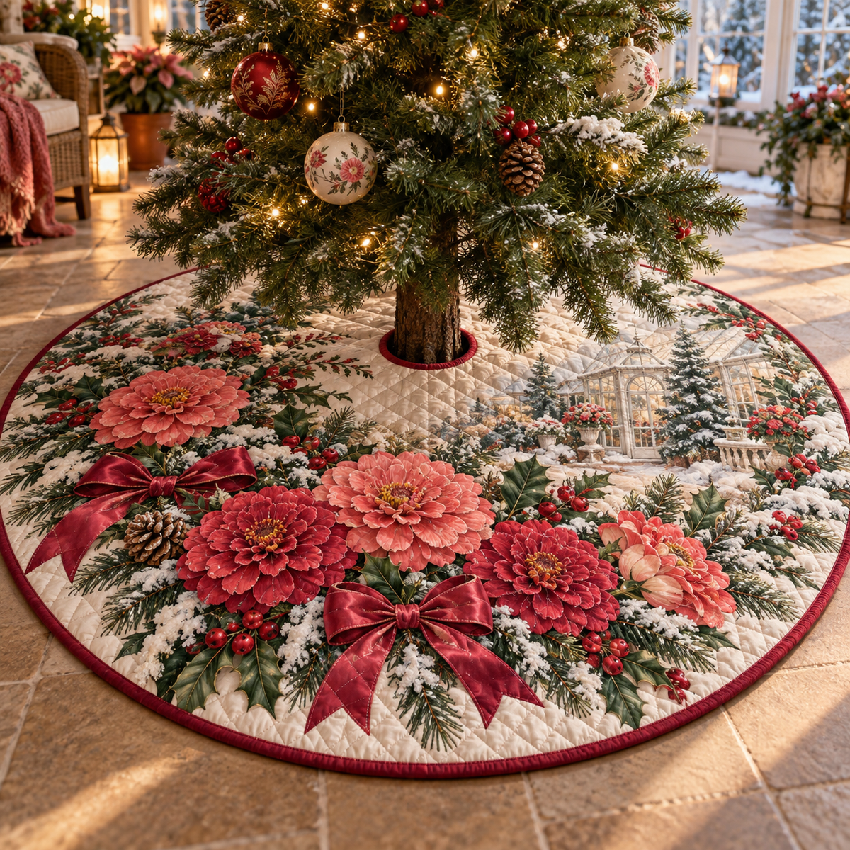 Winter Zinnia Quilted Christmas Tree Skirt — digital product visualization