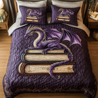 Wisdom Dragon Stack quilted 3-piece bedding set on a made bed with two matching pillow shams