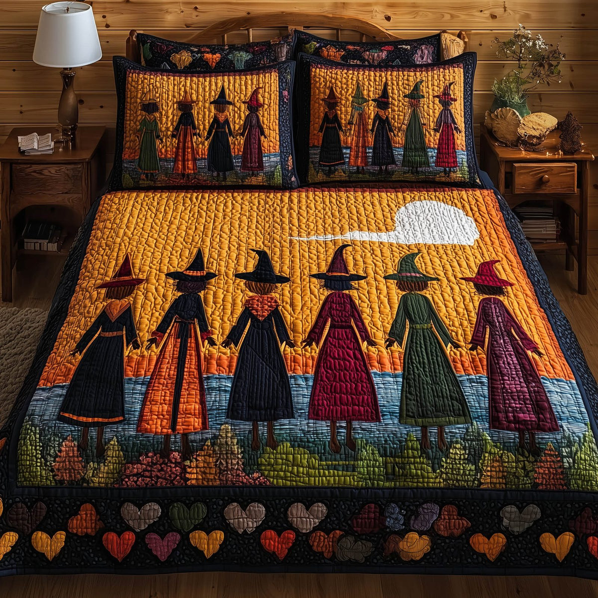 Wisdom Squad Night quilted 3-piece bedding set on a made bed with two matching pillow shams