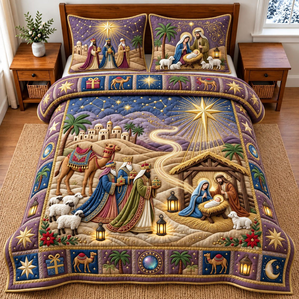 Wise Men Camel Bethlehem Journey quilted 3-piece bedding set on a made bed with two matching pillow shams