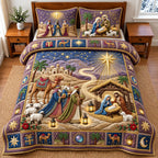 Wise Men Camel Bethlehem Journey quilted 3-piece bedding set on a made bed with two matching pillow shams