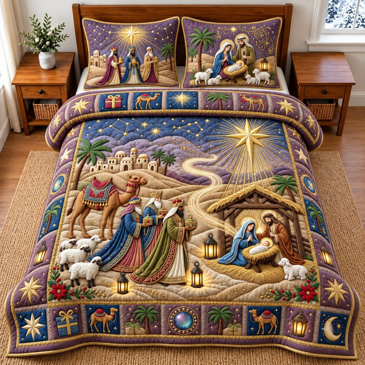 Wise Men Camel Bethlehem Journey quilted 3-piece bedding set on a made bed with two matching pillow shams