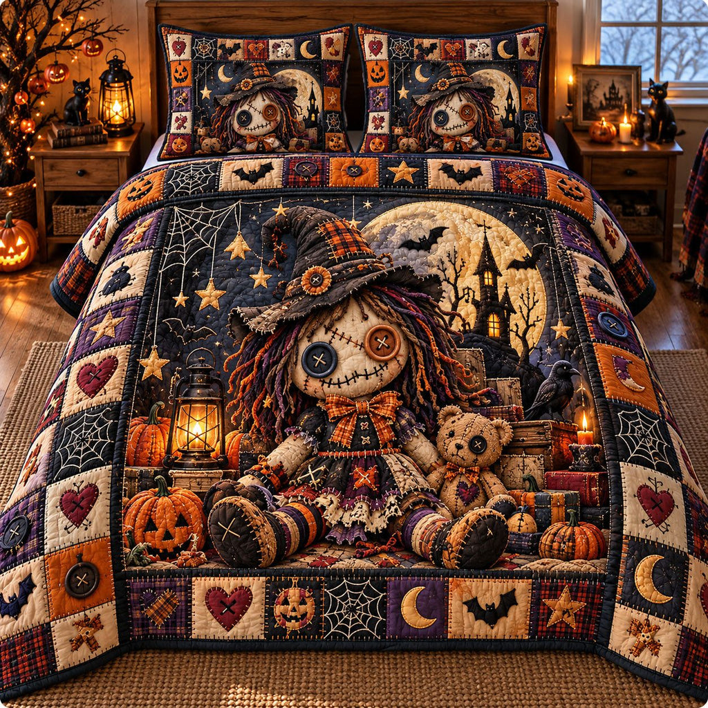 Witch Hat Voodoo Doll Pumpkins quilted 3-piece bedding set on a made bed against a dark styled interior