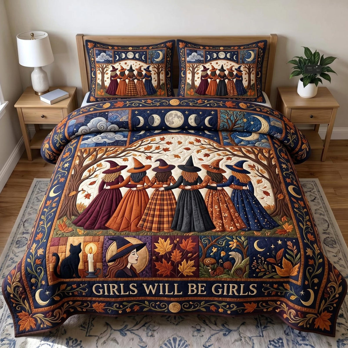 Witches Coven Girls quilted 3-piece bedding set on a made bed against a dark styled interior