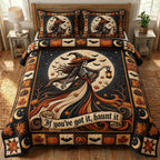 Witches Coven Haunt quilted 3-piece bedding set on a made bed against a dark styled interior