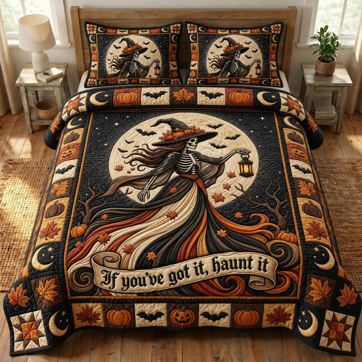 Witches Coven Haunt quilted 3-piece bedding set on a made bed against a dark styled interior