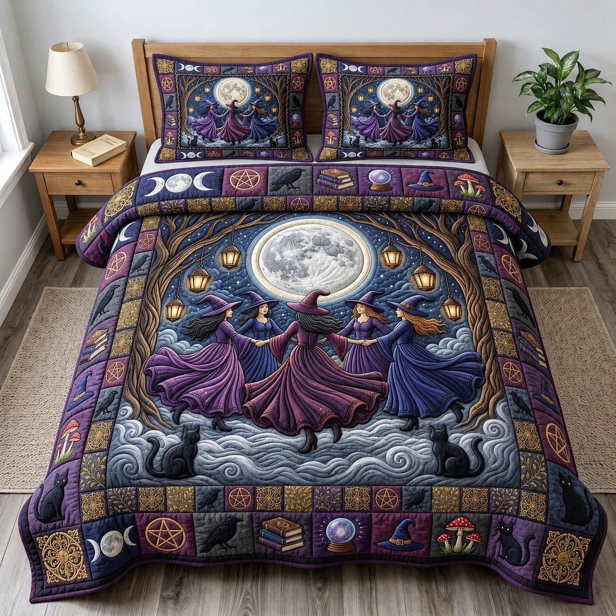 Witches Coven Night quilted 3-piece bedding set on a made bed against a dark styled interior