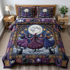 Witches Coven Night quilted 3-piece bedding set on a made bed against a dark styled interior