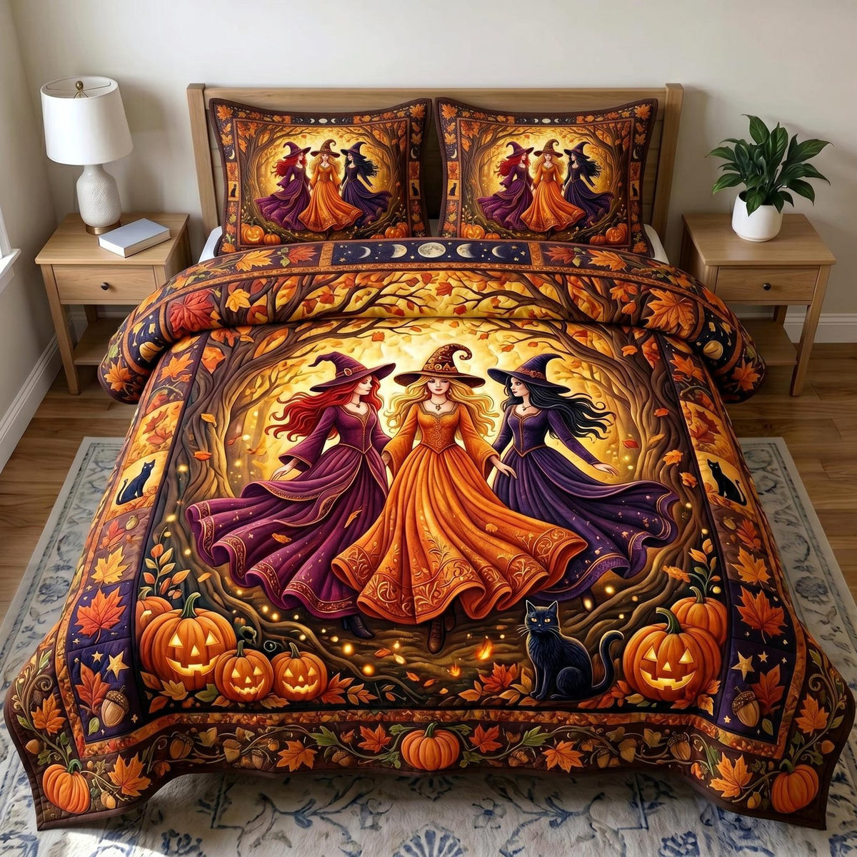 Witches Coven Orange quilted 3-piece bedding set on a made bed against a dark styled interior